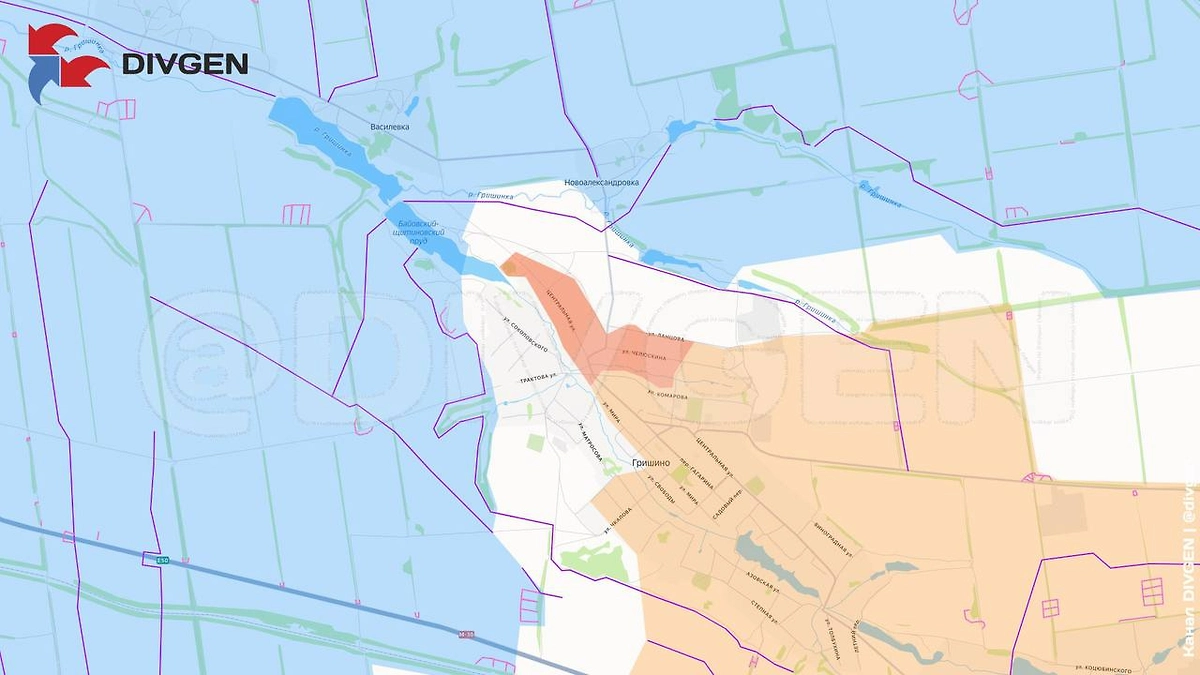 Карта СВО на 12 марта 2026 года. Продвижение ВС РФ в Гришино. Фото © Telegram / DIVGEN 🚩 Карта СВО