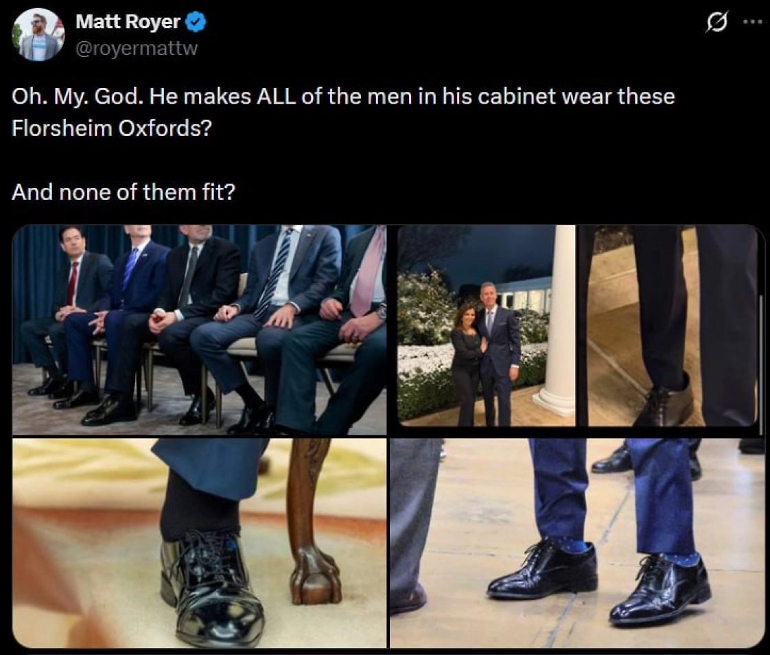 Журналисты заметили, что Трамп заказал подчинённым обувь не по размеру. Фото © X/ Matt Royer