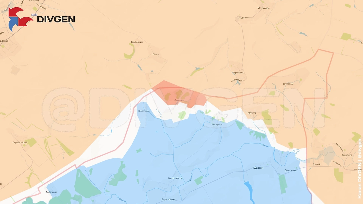 Карта СВО на 25 марта 2026 года. Группировка «Север» освободила Песчаное. Фото © Telegram / DIVGEN 🚩 Карта СВО