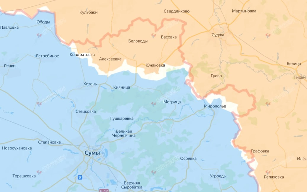 Карта СВО на 26 марта 2026 года. Армия России наступает на Сумы с нескольких сторон. Фото © divgen