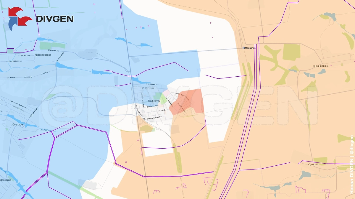 Карта СВО на 28 марта 2026 года. Штурмовые подразделения продвигаются в восточной части Белицкого. Фото © Telegram / divgen