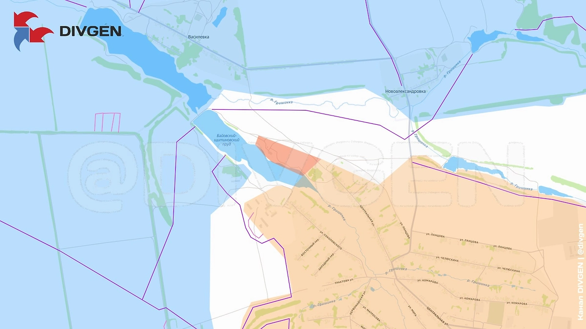Карта СВО на 28 марта 2026 года. ВС РФ продвинулись севернее села Гришино в направлении Василевки. Фото © Telegram / divgen