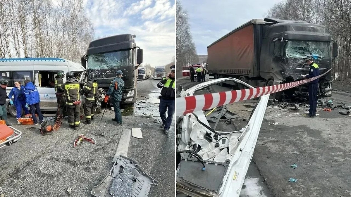 В Челябинской области микроавтобус столкнулся с грузовиком, один человек погиб. Обложка © Telegram / Полиция Южного Урала