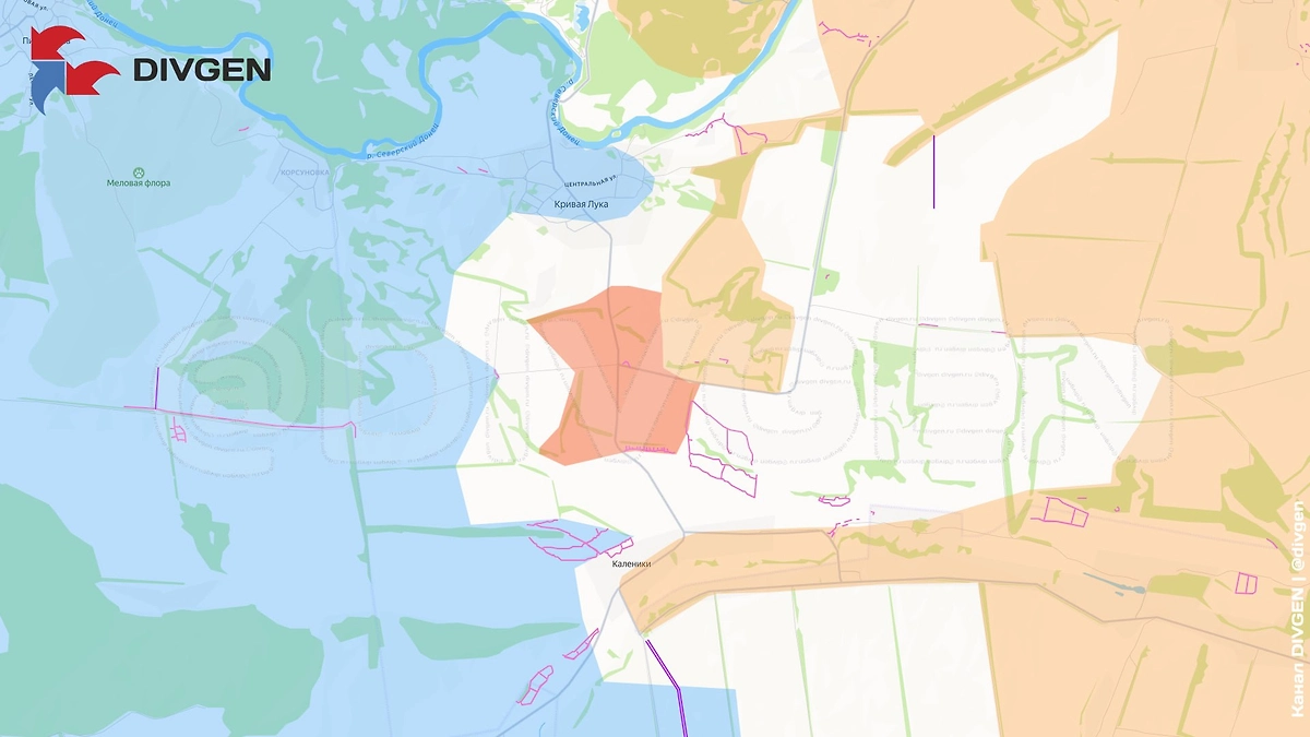 Карта СВО на 22 марта 2026 года. Штурмовые группы ВС РФ заняли новые позиции между Кривой Лукой и Калениками.Фото © Telegram / DIVGEN 🚩 Карта СВО