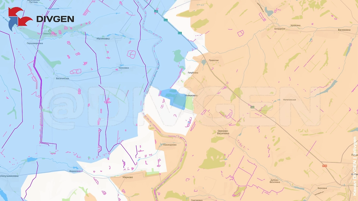 Карта СВО на 23 марта 2026 года. ВСУ предпринимают попытки контратаковать в Миньковке. Фото © Telegram / DIVGEN 🚩 Карта