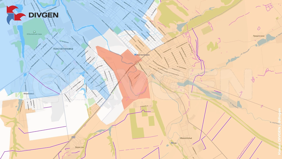 Карта СВО на 24 марта 2026 года. Армия России расширяет зону контроля в Константиновке. Фото © Telegram / DIVGEN 🚩 Карта СВО