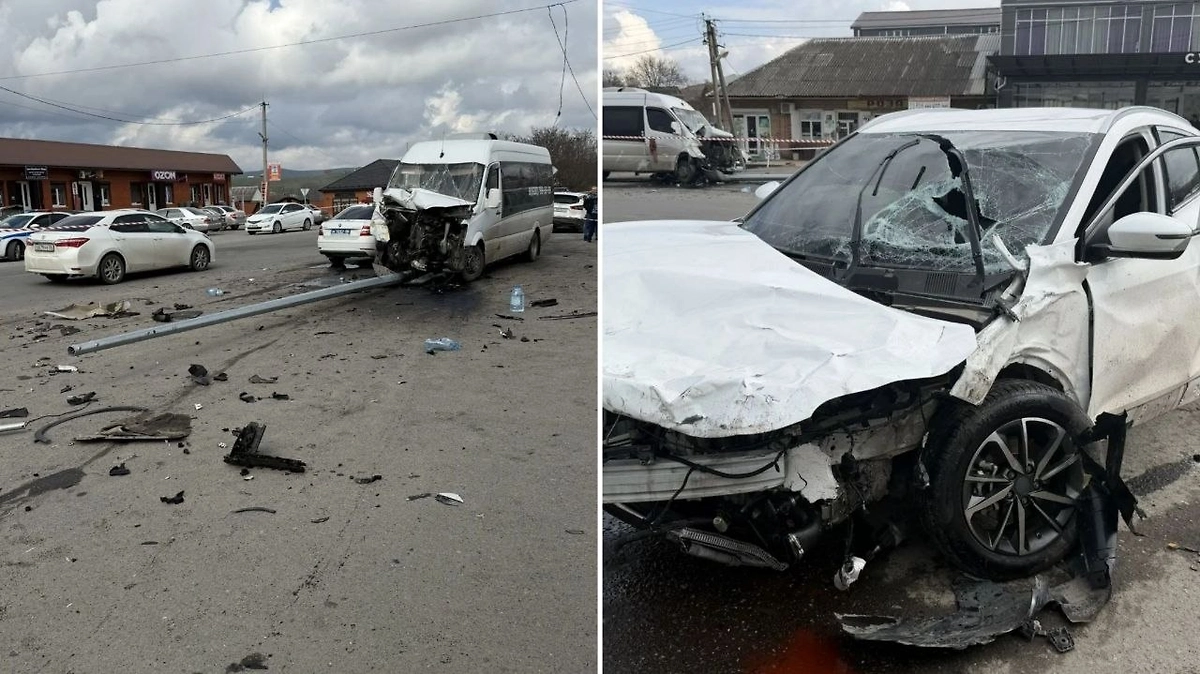 В Ингушетии микроавтобус врезался в легковушку, один погибший и 10 пострадавших. Фото © Telegram / 06.mvd