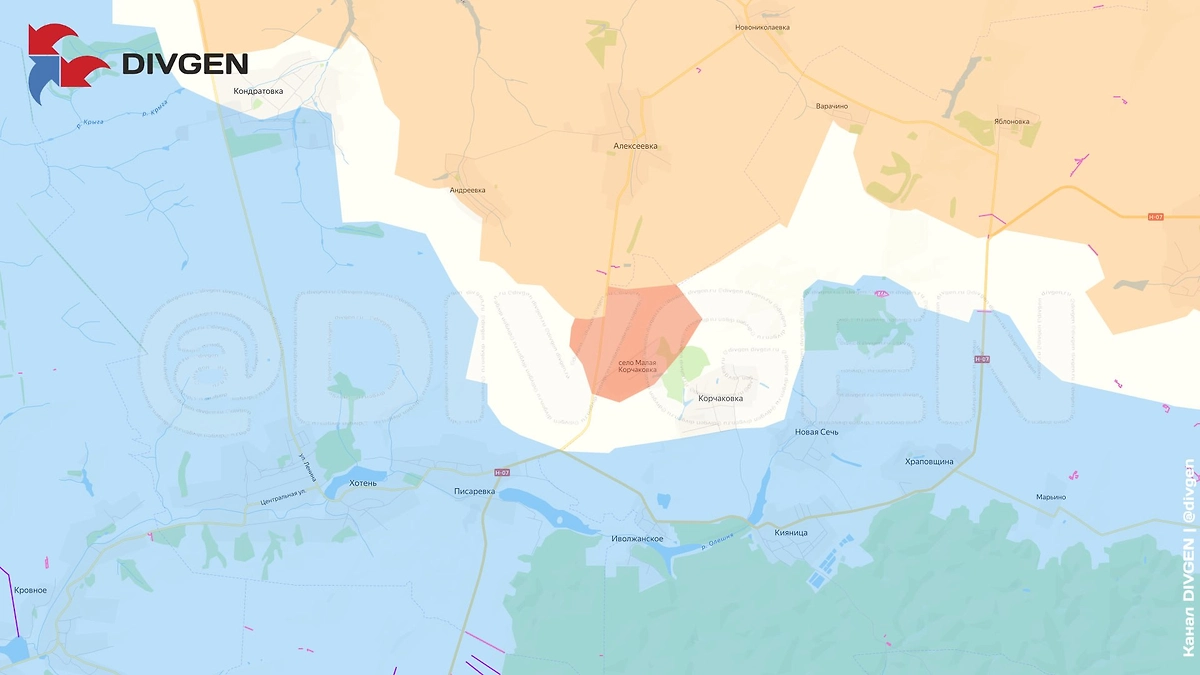 Карта СВО на 1 апреля 2026 года. Армия России выбила 71-ю бригаду ВСУ из Малой Корчаковки. Фото ©&nbsp;Telegram / DIVGEN ???? Карта СВО