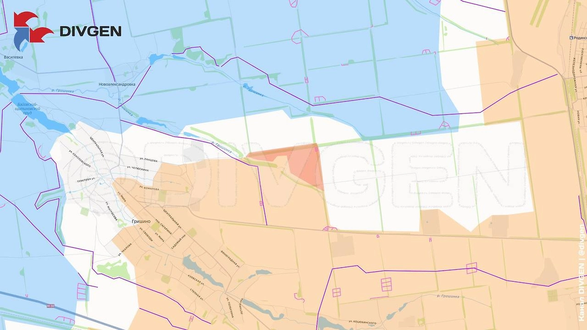 Карта СВО на 9 марта 2026 года. ВС РФ освобождают Гришино. Фото © Telegram / DIVGEN 🚩 Карта СВО