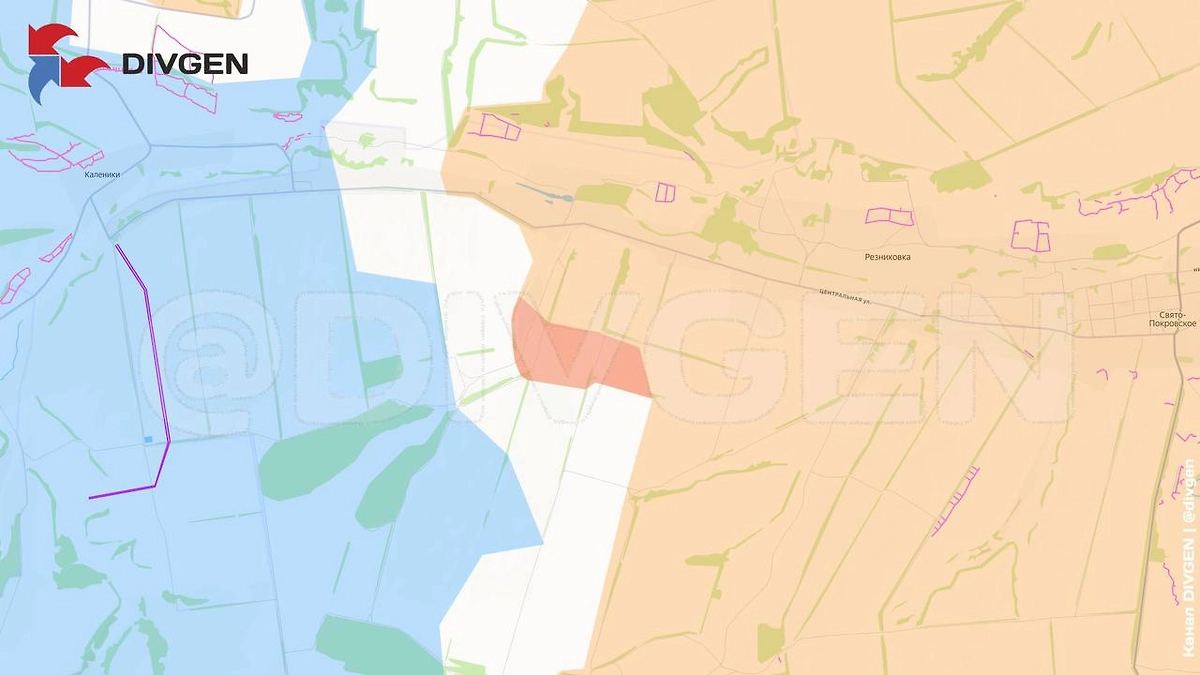 Карта СВО на 10 марта 2026 года. ВС РФ продвигаются южнее Резниковки. Фото © Telegram / DIVGEN 🚩 Карта СВО 