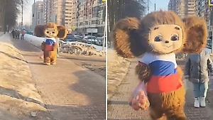 Жителей Пушкино на избирательном участке встречает Чебурашка с апельсинами и в майке с триколором