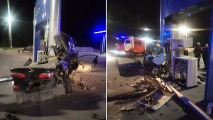 Разорвало пополам: В Ачинске водитель на скорости влетел в заправку, он погиб на месте