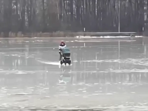 В Балашихе мать с коляской прокатилась на коньках по тонкому льду в плюсовую температуру