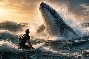 На видео попало столкновение сёрфера с выпрыгнувшим из воды китом у берегов США