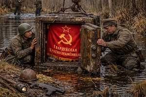 «Чудо в болоте»: Под Псковом нашли армейский сейф со знаменем и документами времён ВОВ