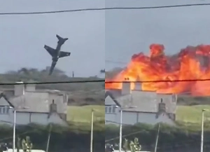Британский военный самолёт разбился у жилых домов — очевидец снял катастрофу на видео