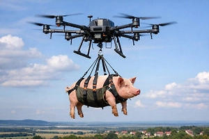 Фермер попытался перевезти свинью на дроне и оставил деревню без света