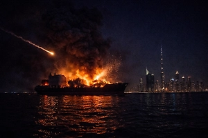 Судно загорелось у побережья ОАЭ после попадания снаряда

