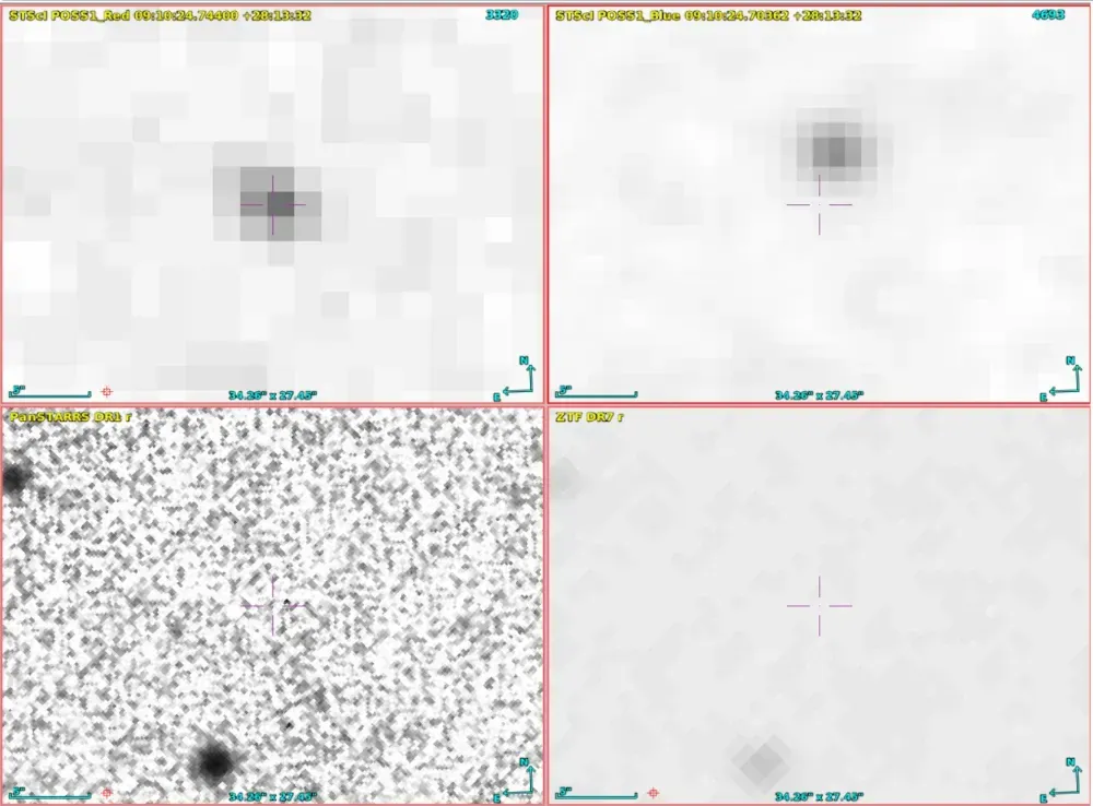 Сравнение снимков одного и того же участка неба, сделанных в 1950-е годы (сверху) и в XXI веке (снизу). Обнаружение исчезающих объектов на красных изображениях POSS I с помощью виртуальной обсерватории. Фото ©&nbsp;academic.oup.com