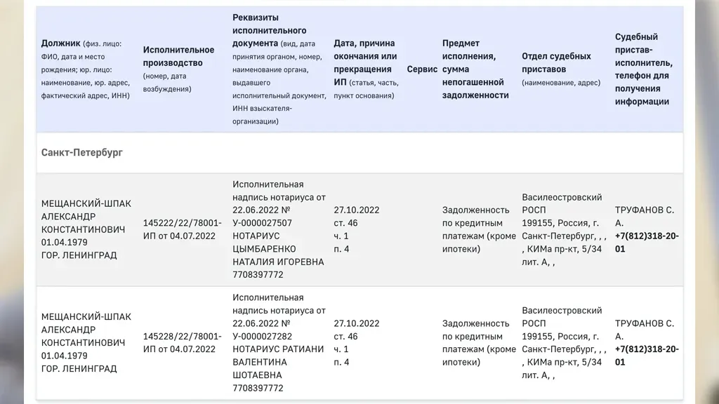 Судя по данным ФССП, долги на Шпаке висят до сих пор. Фото ©  fssp.gov.ru