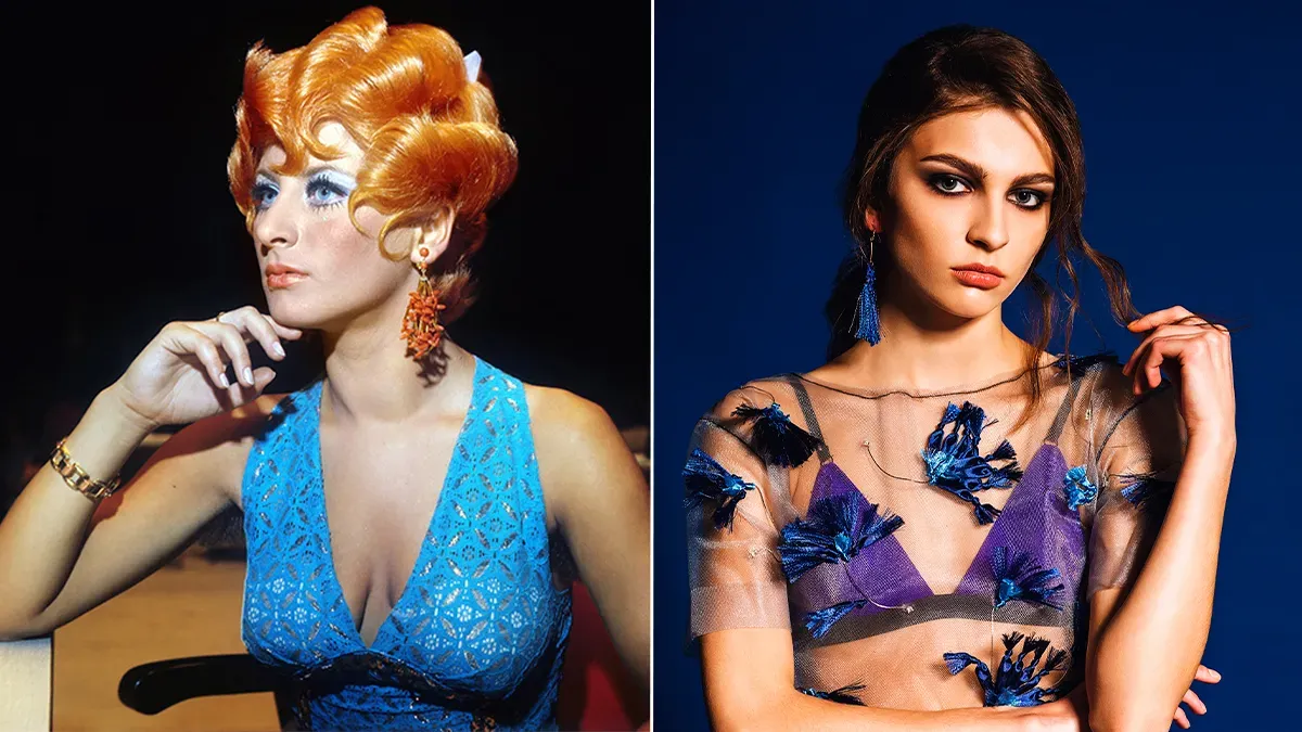 Слева — модель 1974 год. Современная женская мода предлагает носить вещи, при которых женское бельё специально выставляется напоказ. (Справа) Фото © ТАСС / Виталий Созинов, Борис Трепетов, © Shutterstock