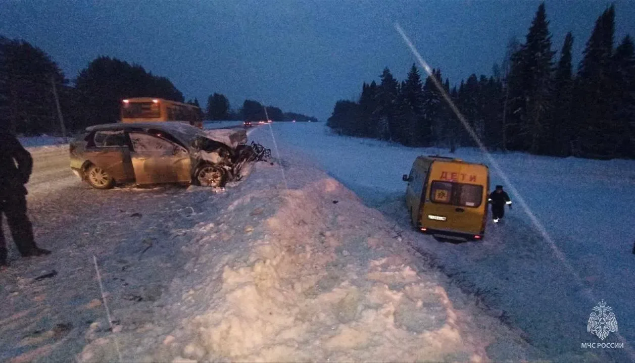 Автобус с детьми попал в ДТП на трассе в Удмуртии. Фото © ГУ МЧС по Удмуртской Республике