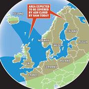 Серым цветом показаны области,
которые покроет пепел вулкана