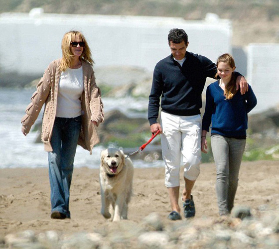 Актер Антонио Бандерас с супругой Мелани Гриффит и дочерью Стеллой на прогулке с собакой