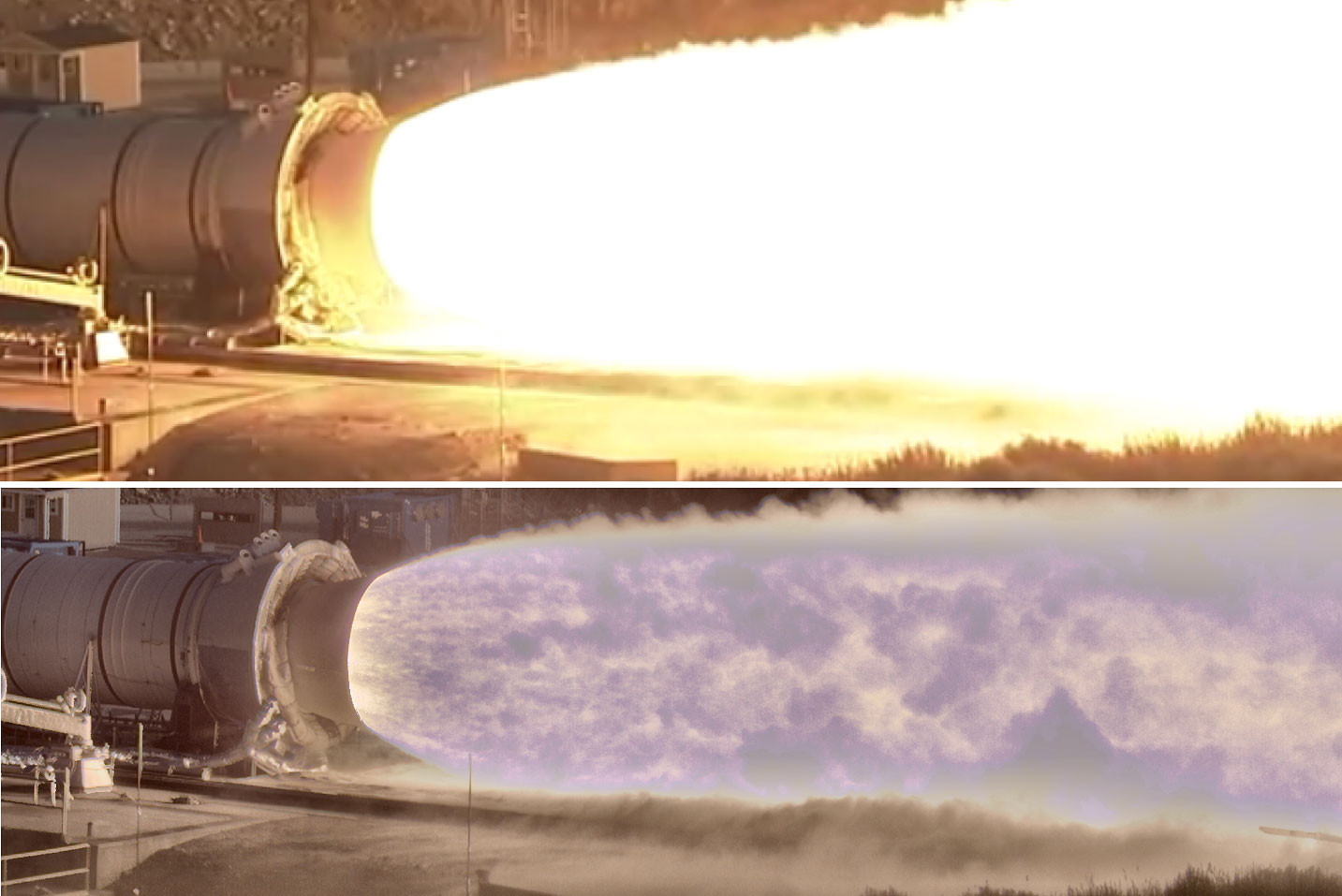 Фото пламени ракетного двигателя снятое обычной камерой и HiDyRS-X камерами. Фото: &copy; NASA