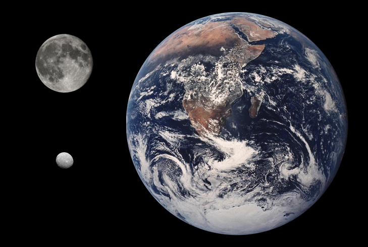 Сравнение Цереры (внизу слева) с Луной (вверху слева) и Землёй. Фото: &copy;&nbsp;wikipedia.org