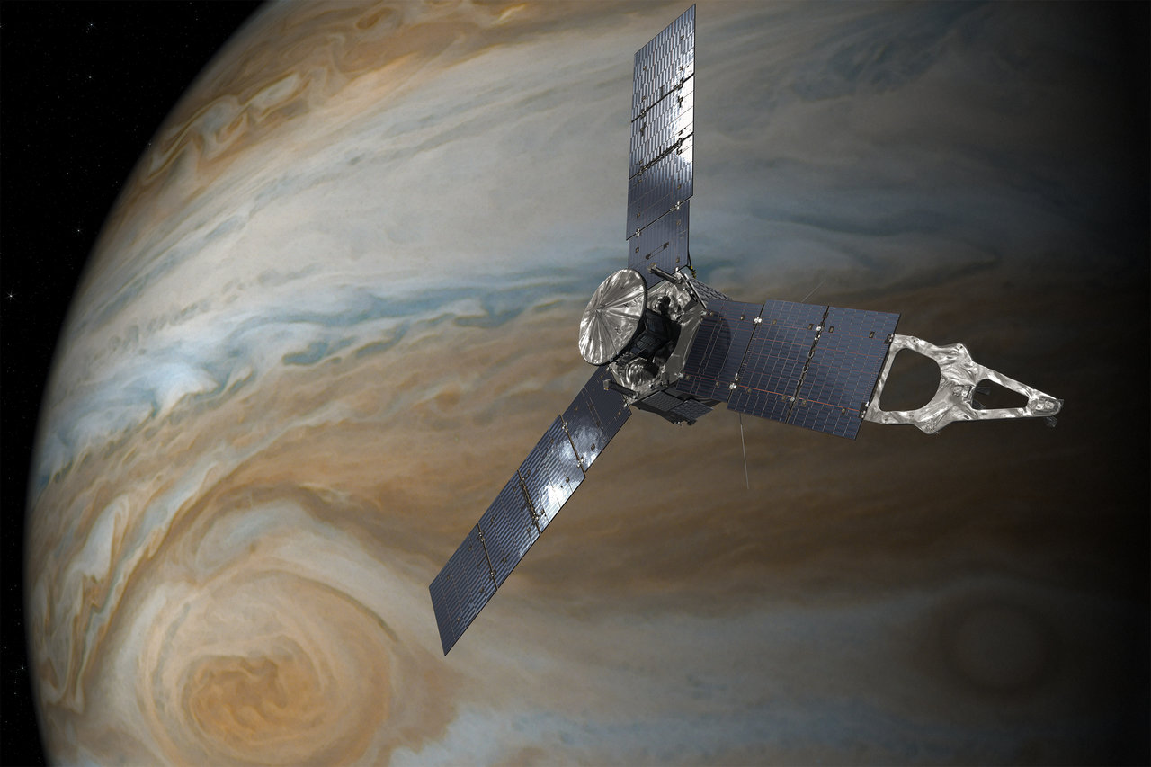 Концепт-арт зонда Juno на фоне Юпитера. Фото: NASA/JPL-Caltech&nbsp;