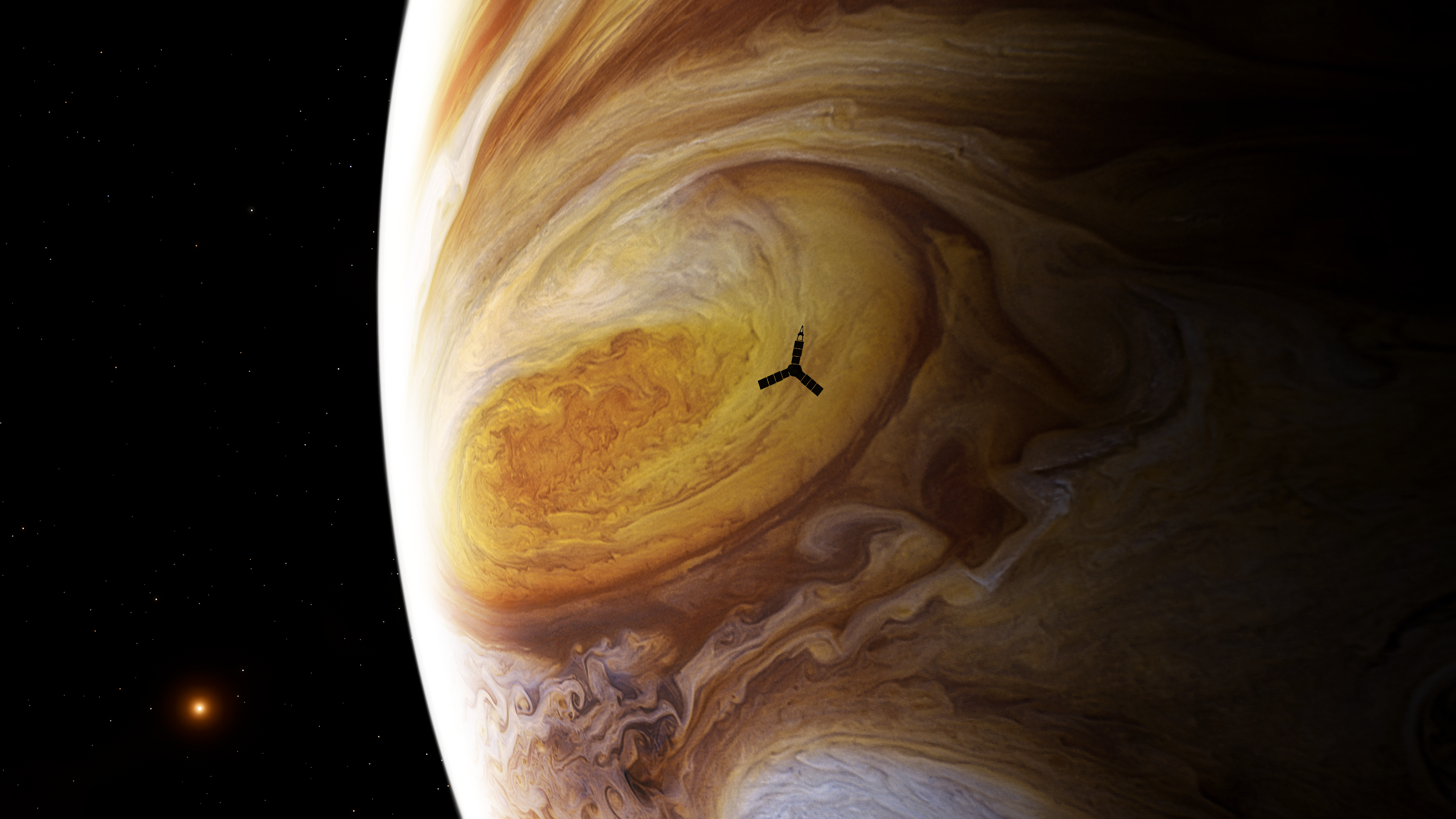 Зонд Juno на фоне Юпитера. Коллаж: NASA/JPL/Bj&ouml;rn J&oacute;nsson/Se&aacute;n Doran.&nbsp;Источник: missionjuno.swri.edu