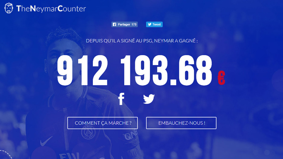 Сайт, подсчитывающий количество заработанных Неймаром денег. Фото: © neymar.counters.live