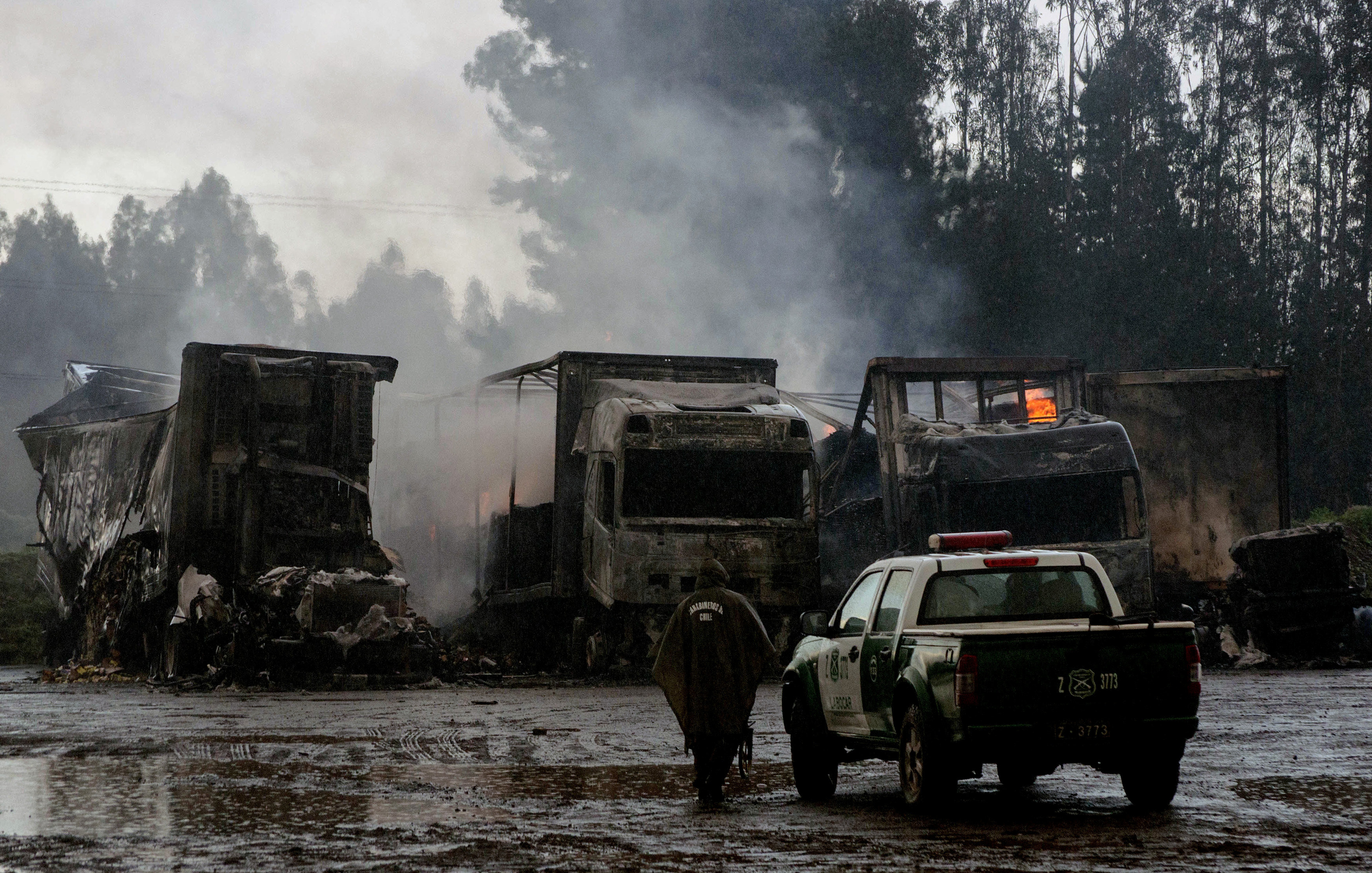 Фуры, сгоревшие в Чили. Фото: &copy; REUTERS/Camilo Tapia