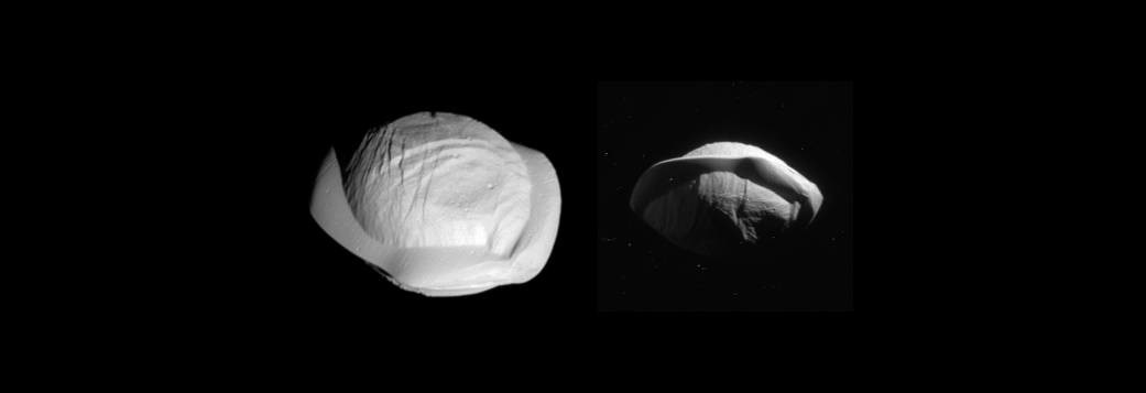 Две фотографии с разных ракурсов спутника Сатурна — Пана, похожего на огромный космический пельмень