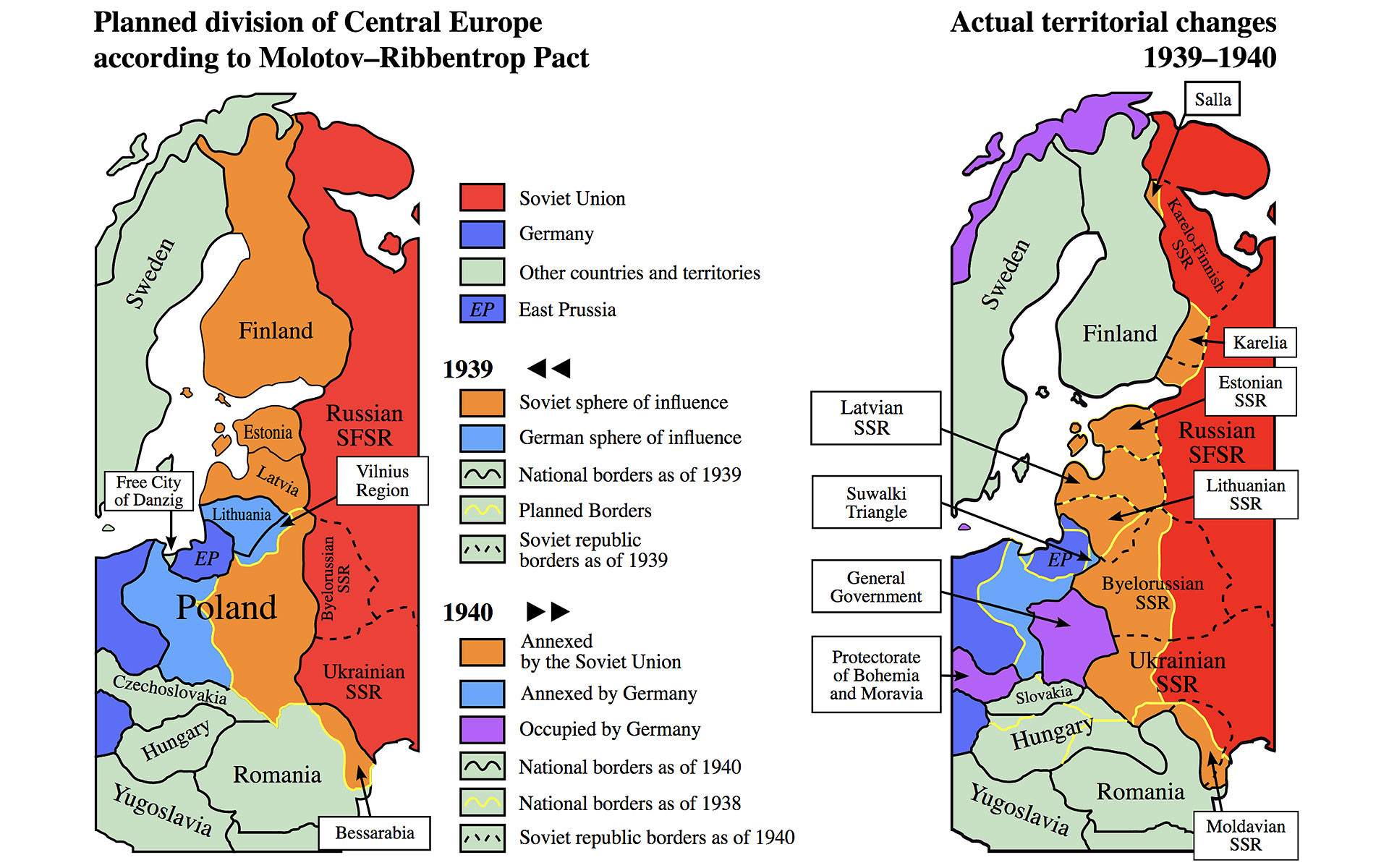 Слева — раздел Восточной Европы по Пакту 23 августа, справа — по Договору о дружбе от 28 сентября. Фото: © Wikipedia