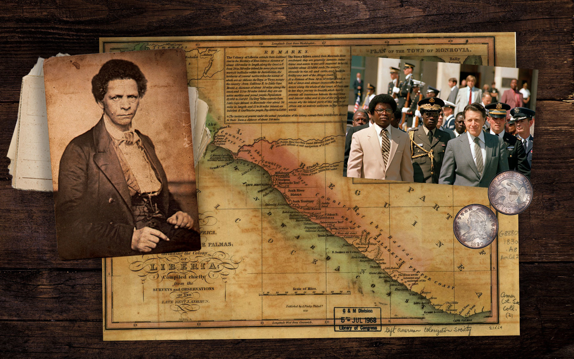 Карта Либерии около 1830 года, Джозеф Дженкинс Робертс, первый президент Либерии, (слева направо) Сэмюэл Каньон Доу. Коллаж © L!FE Фото: © Wikipedia.org Creative Commons