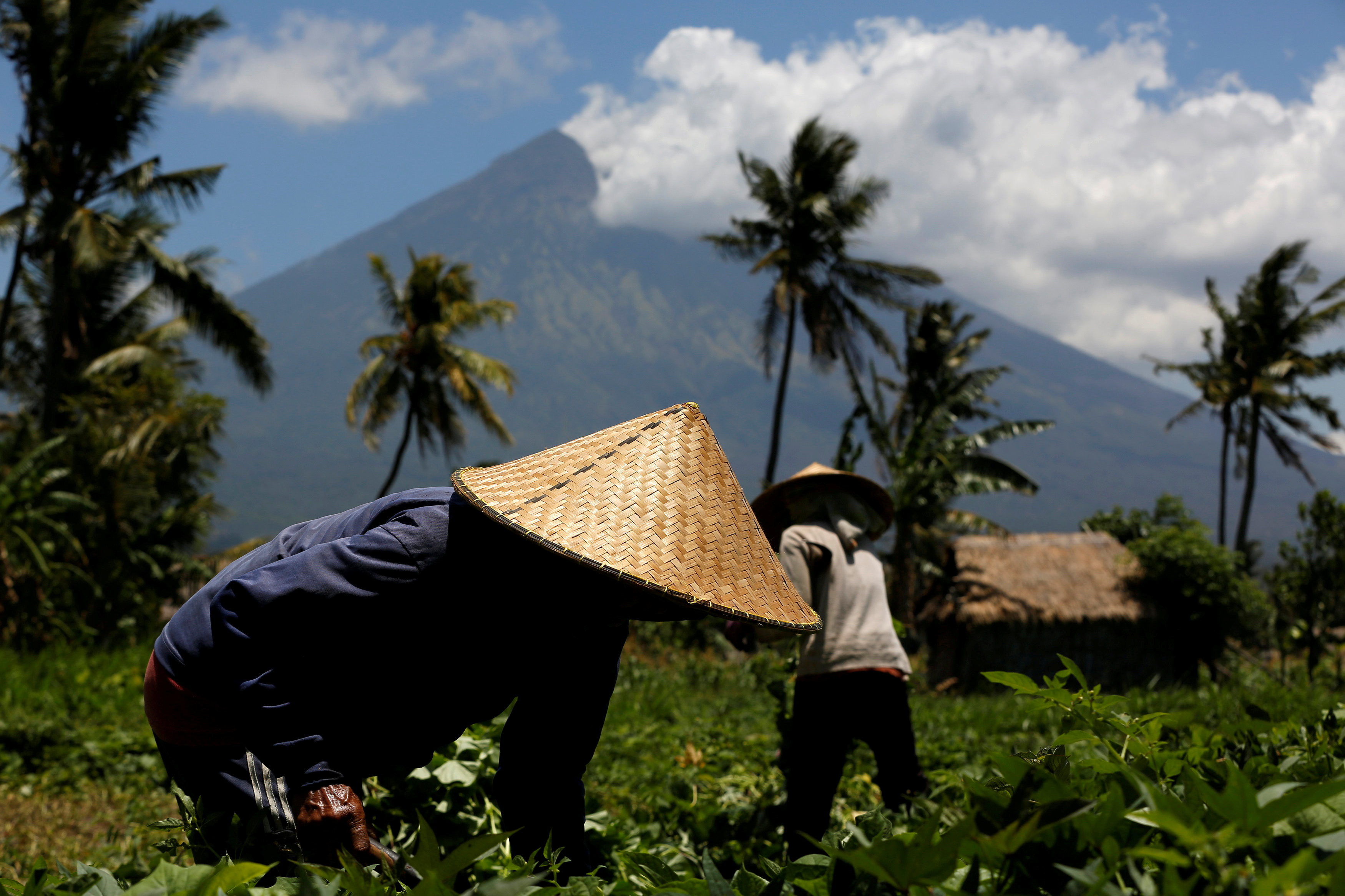 Жители Бали на фоне вулкана Агунг. Фото: &copy;&nbsp;REUTERS/Darren Whiteside