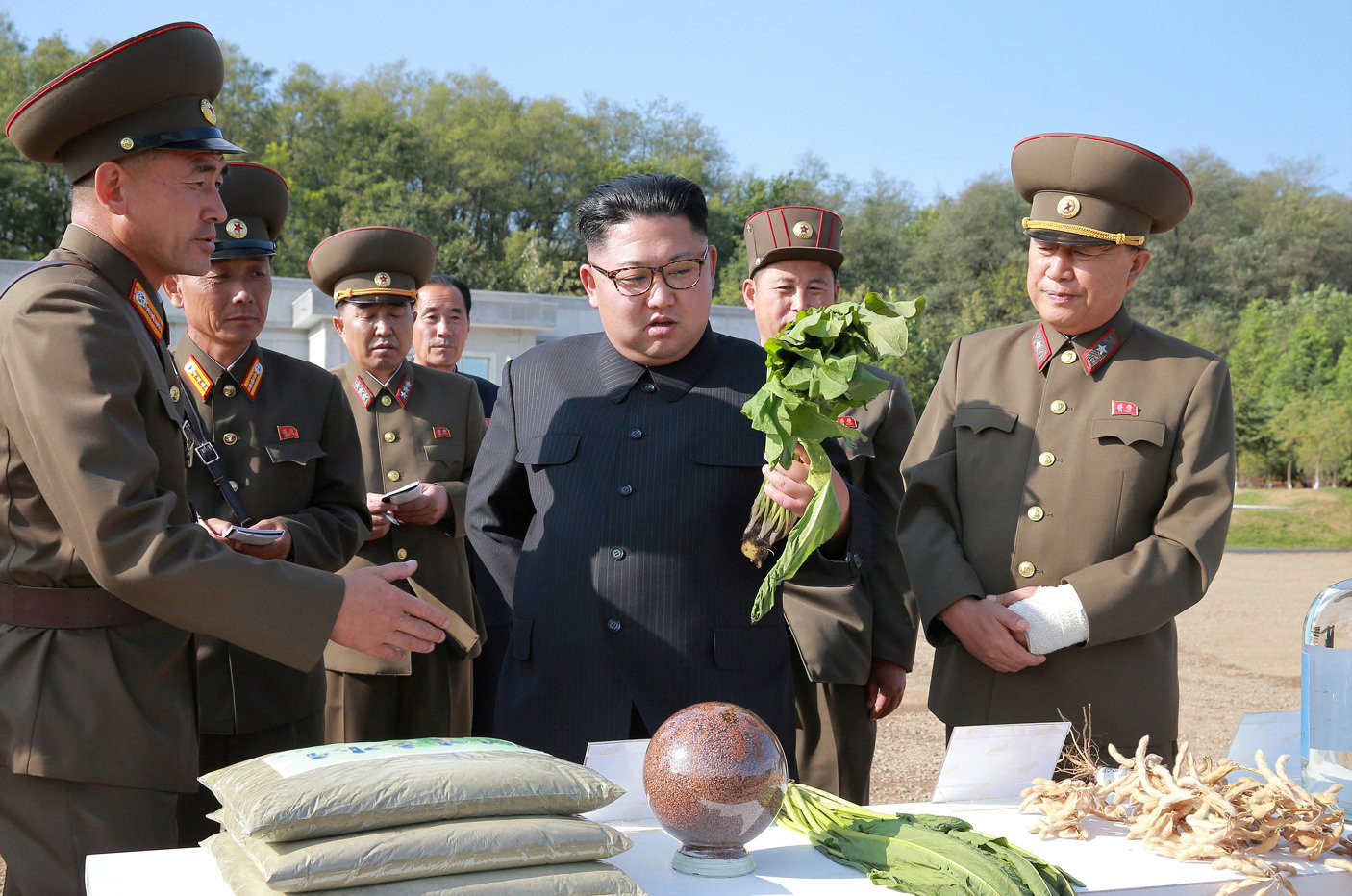 Ким Чен Ын в окружении высокопоставленных военных проверяет качество выращенной на ферме продукции. Фото: &copy;&nbsp;KCNA/REUTERS