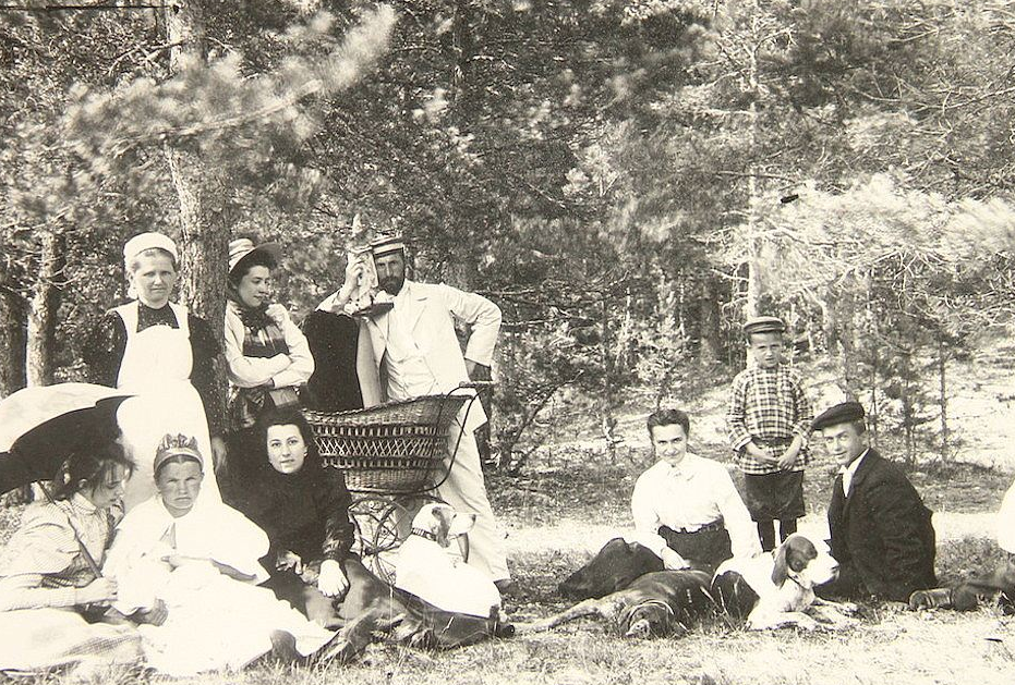 Фото, на котором Матильда (центральная фигура в верхнем ряду) заглядывает в коляску якобы с новорождённой дочерью от императора
