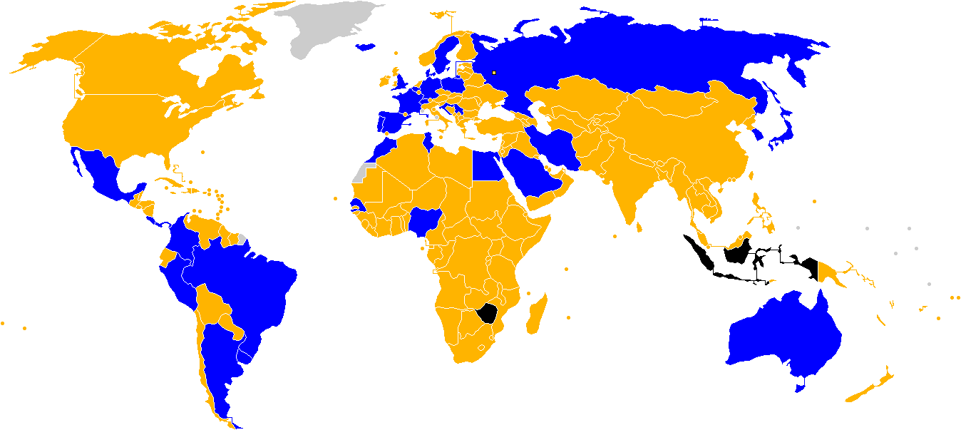 Синим отмечены отобравшиеся страны, жёлтым — вылетевшие из отбора, чёрным — не участвовавшие. Фото: Wikipedia