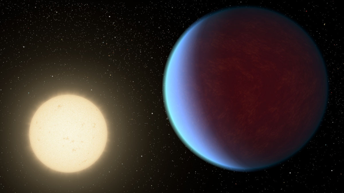 Иллюстрация, изображающая планету Янссен (55 Рака е) на фоне звезды Коперник (Рака А). Фото: &copy;&nbsp;NASA/JPL-Caltech