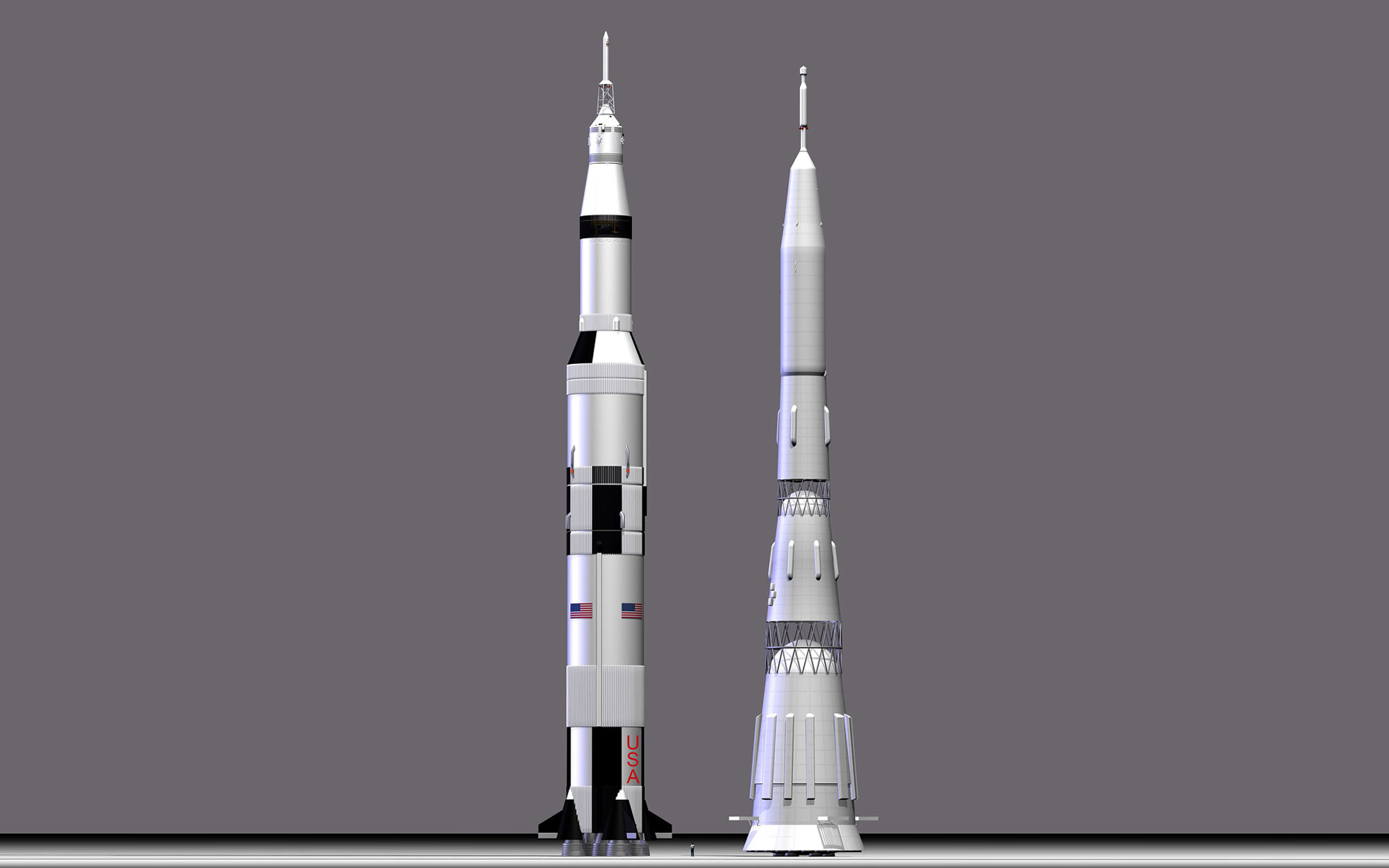 Смоделированное сравнение величин носителей в масштабе, "Сатурн-5" (слева), человек (середина) и "Н-1" (справа). Коллаж © L!FE Фото: © Wikipedia.org