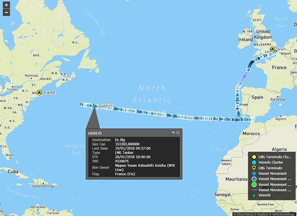 Маршрут движения судна Gaselys в Атлантическом океане. Фото: © Bloomberg