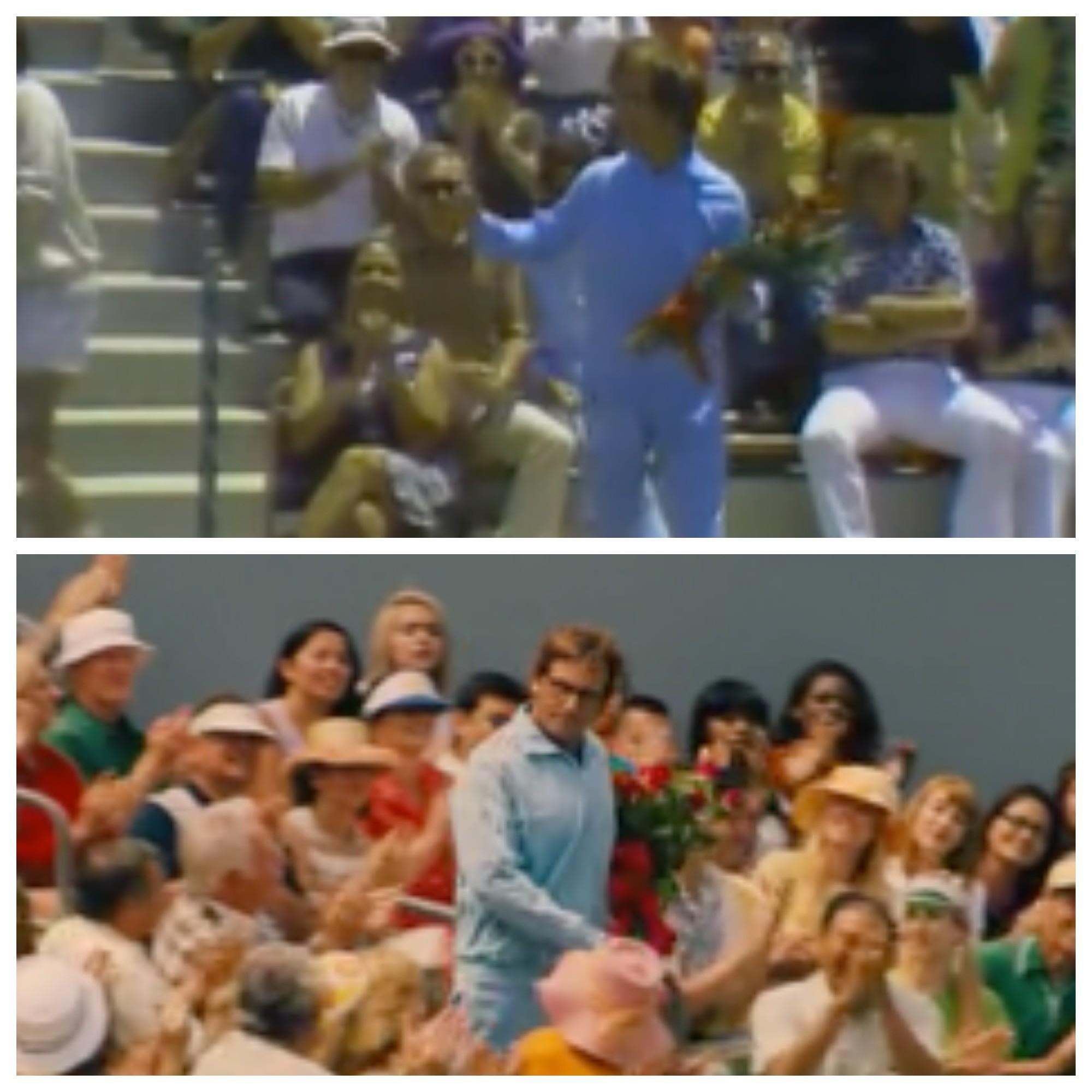 Бобби Риггс на теннисном корте (выше), кадр из фильма со Стивом Кэреллом 2017 года (ниже).