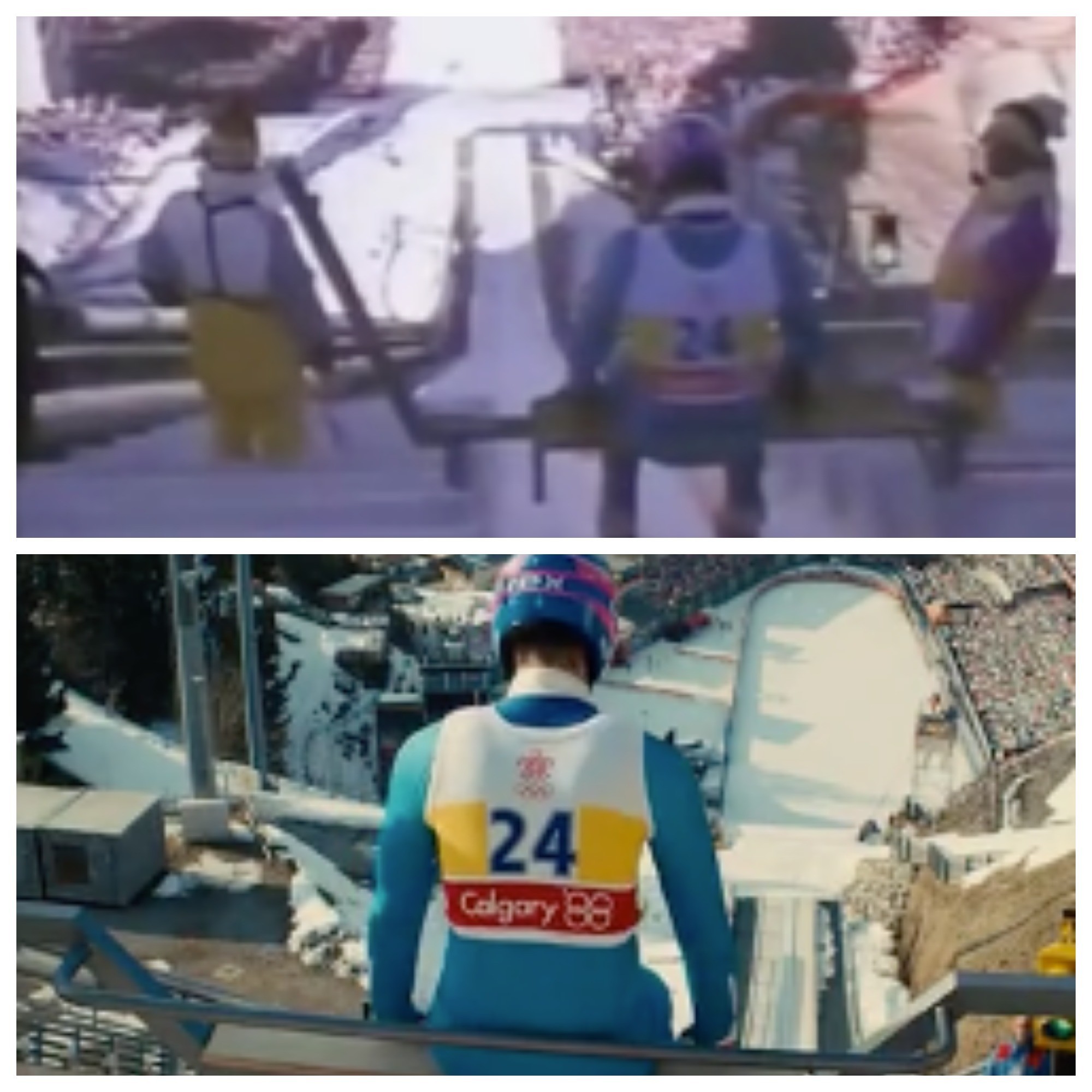Эдди Эдвардс перед прыжком, кадр из архива 1988-го (выше), кадр из фильма "Эдди Орёл" 2016-го с участием Тэрона Эджертона (ниже).