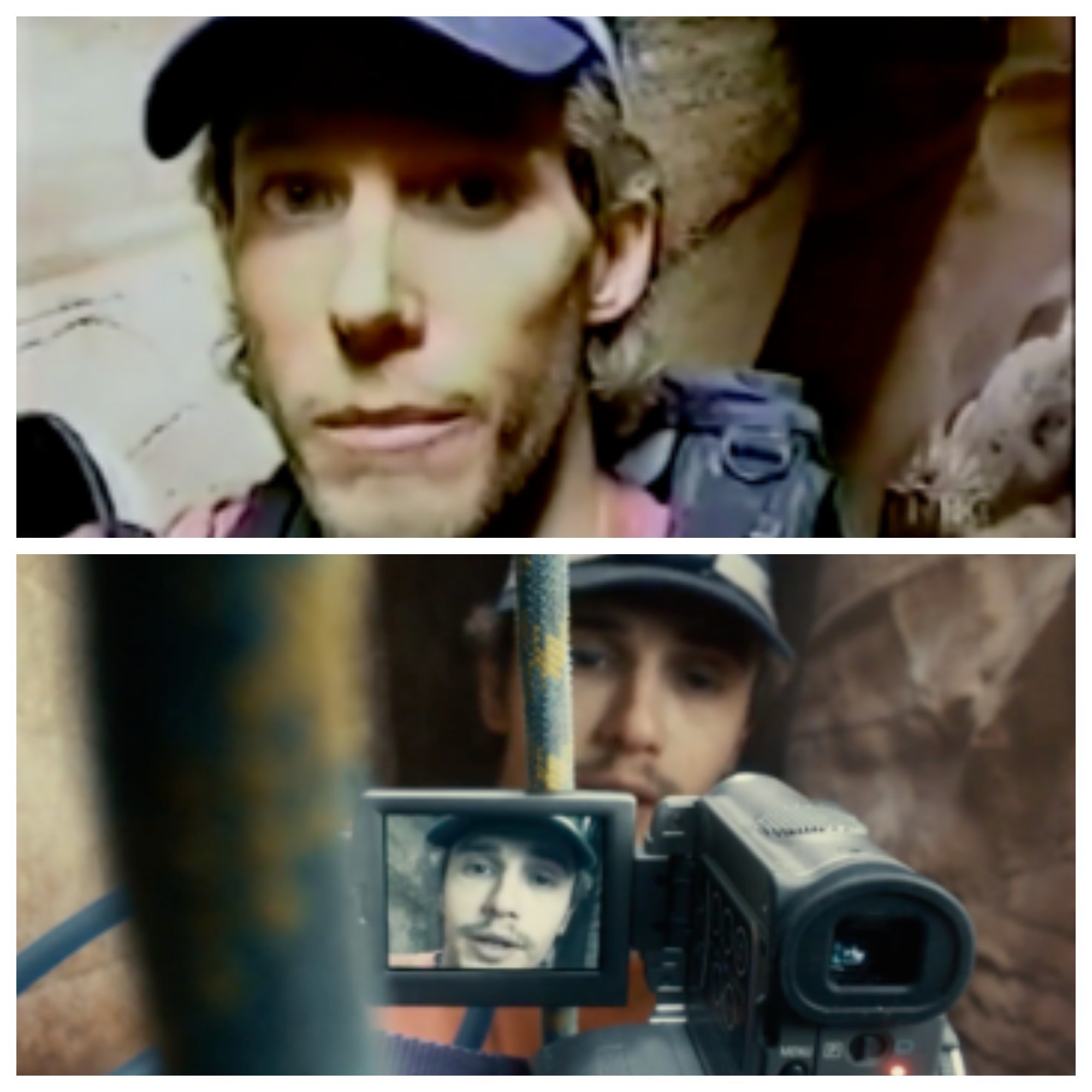 Альпинист Арон Ралстон (фотография выше), кадр из фильма "127 часов" (ниже).
