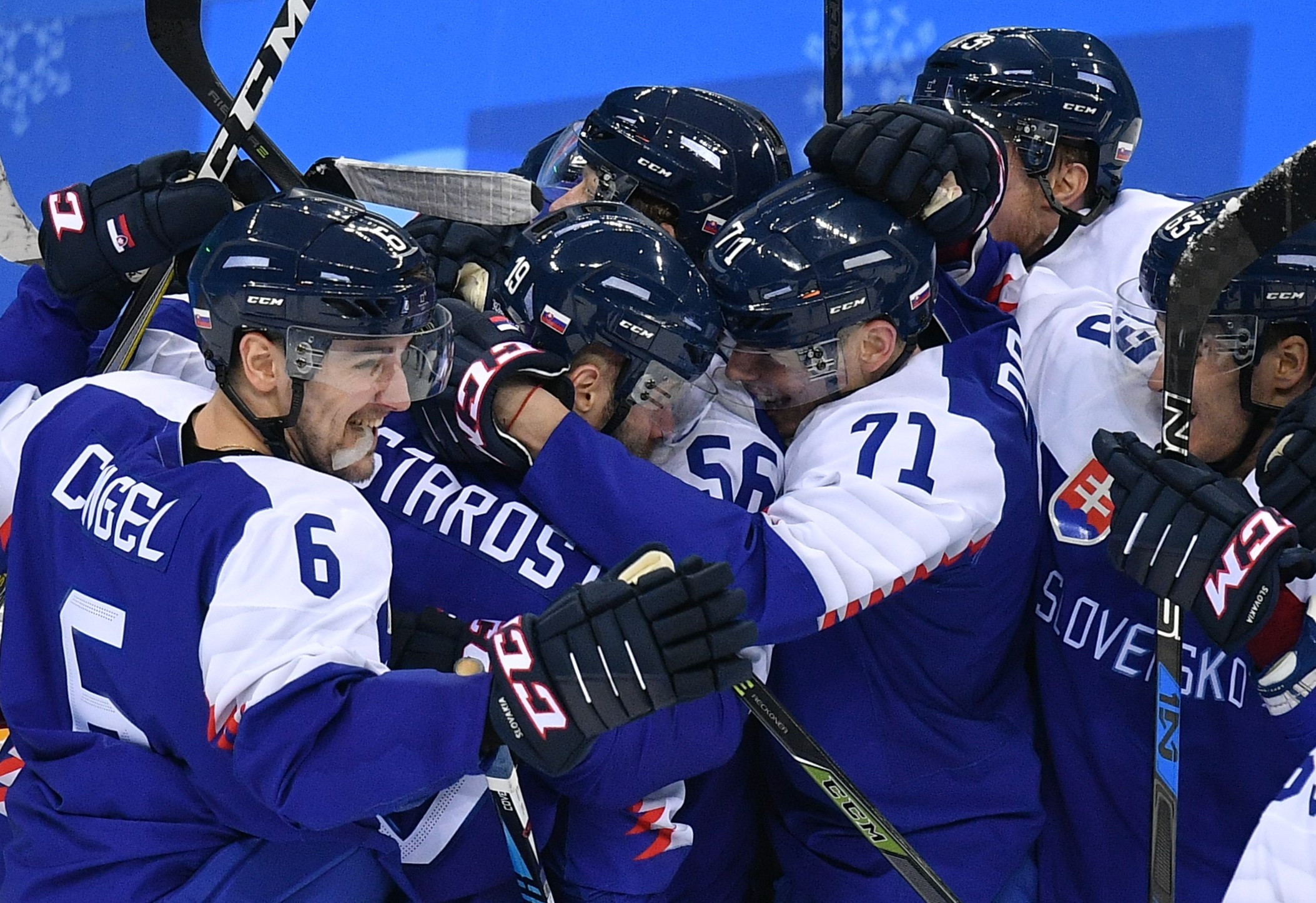 Сборная Словакии по хоккею празднует победу над россиянами (3:2). Фото: © РИА Новости/Владимир Песня