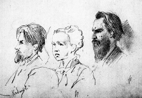 Кибальчич, Перовская и Желябов на процессе по "Делу 1 марта". Рисунок Константина Маковского.