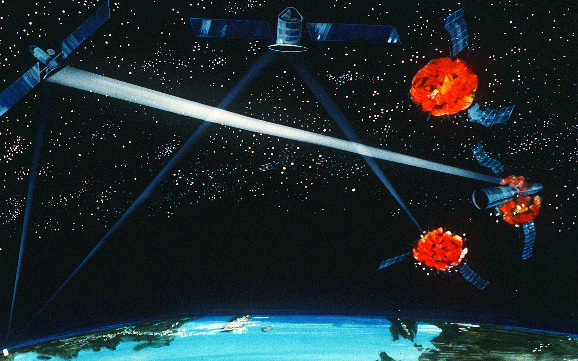 Концепция художника о наземном / космическом гибридном лазерном оружии 1984 года. Фото: © Wikipedia.org